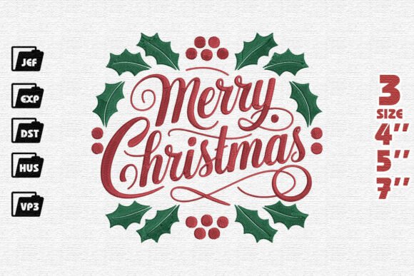 Elegant Holly Wreath Christmas Embroidery Design